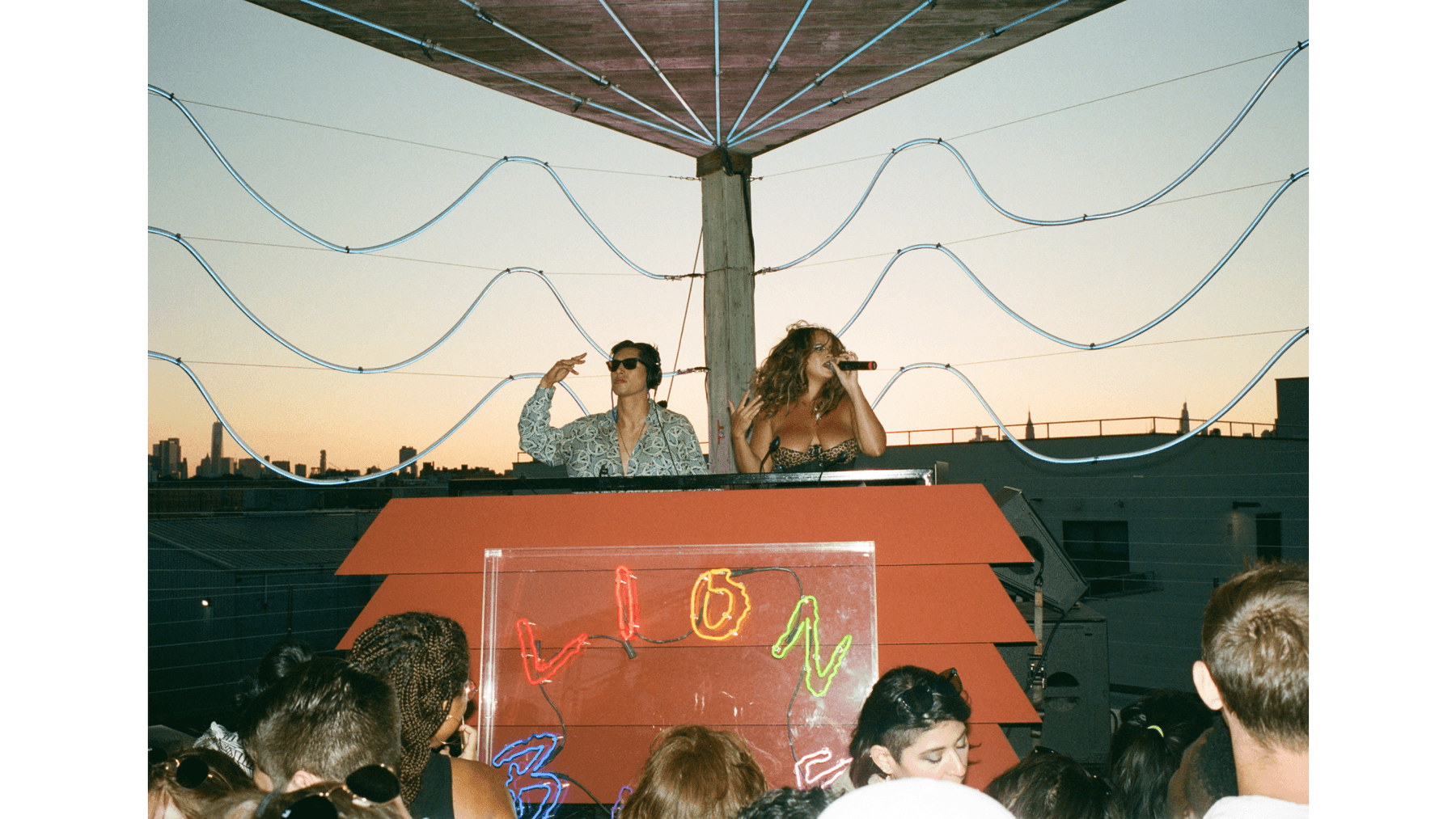 smart glasses partnership dance floor dancing dylan ali life on planets lion babe brooklyn roof top roof city skyline summer set DJ