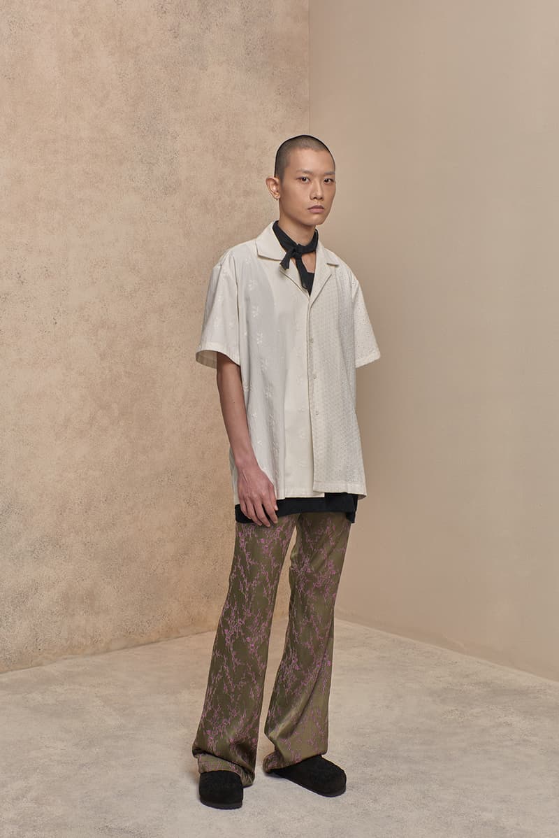 ANOWHEREMAN Embraces The Drifter Mentality for SS22 feminine neutral elegance embroidered webbing kimono suits flared pants silk jacquard release info date