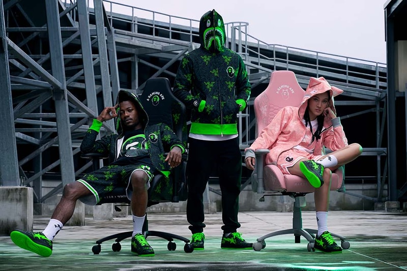 Razer japanese streetwear brand bape a gaming ape ss22 largest collection ever quartz apparel gear bape sta tees shark head kitty ears camo basketball shorts peripherals laptop sleeve blackwidow v3 release info date price