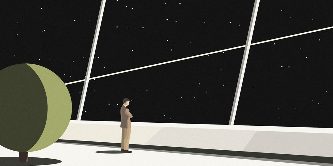 A Grant Yun illustration of a man in a suit at a window looking out at a starry sky
