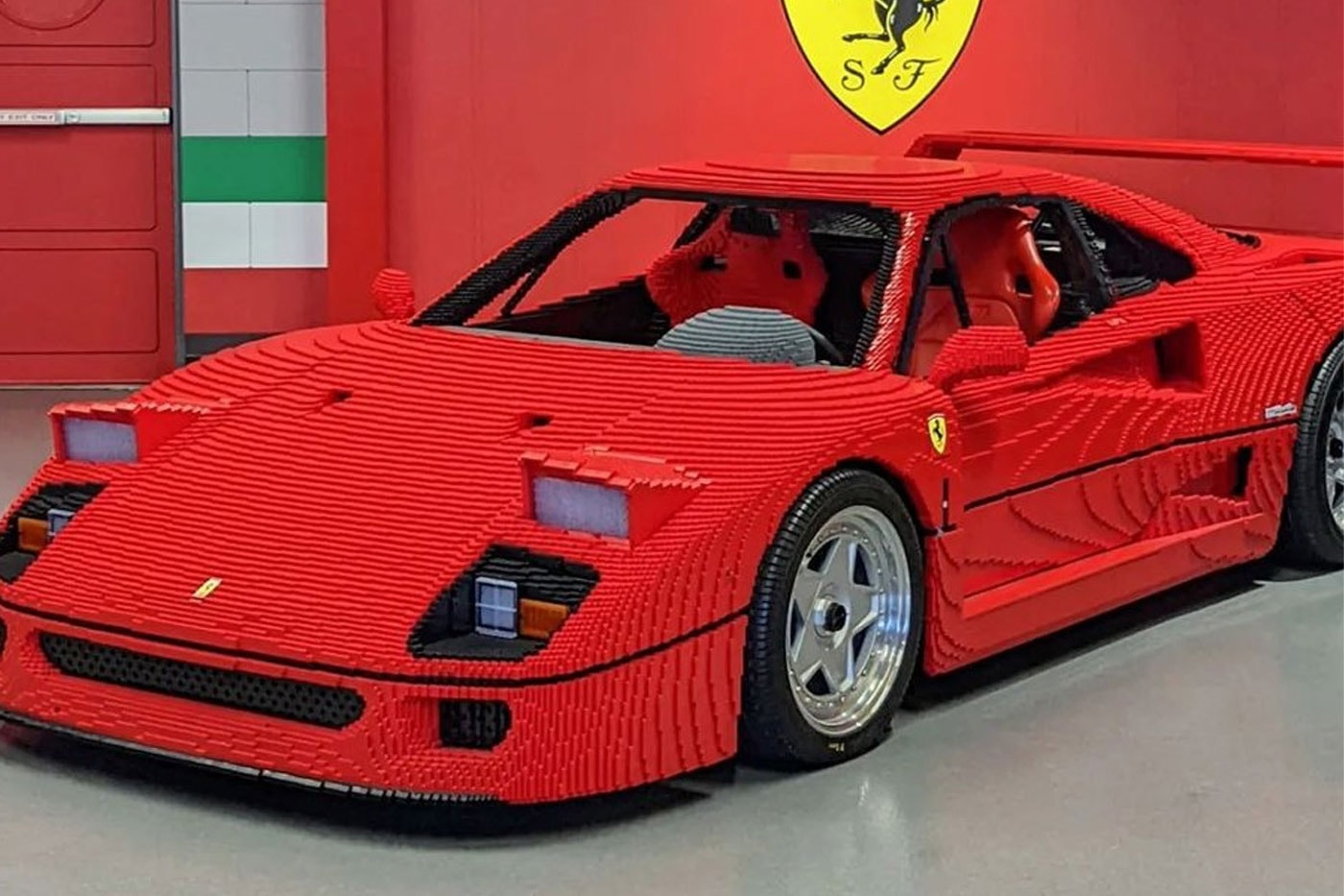 LEGO Ferrari f40 brick model 1 of 1 size legendary supercar toy version larry chen 3700 hours connected to real steering wheel  legoland campus california 