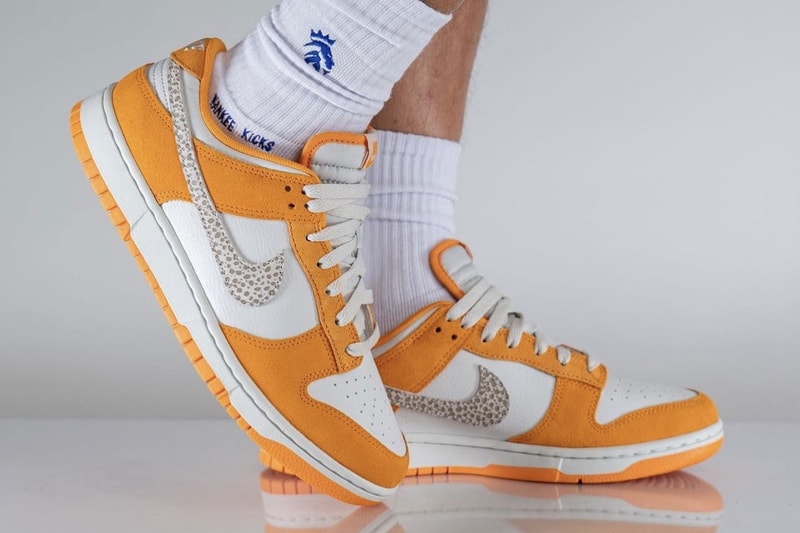 Nike Dunk Low Safari Swoosh DR0156-800 On-Foot Look Kumquat Light Bone-Dark Driftwood