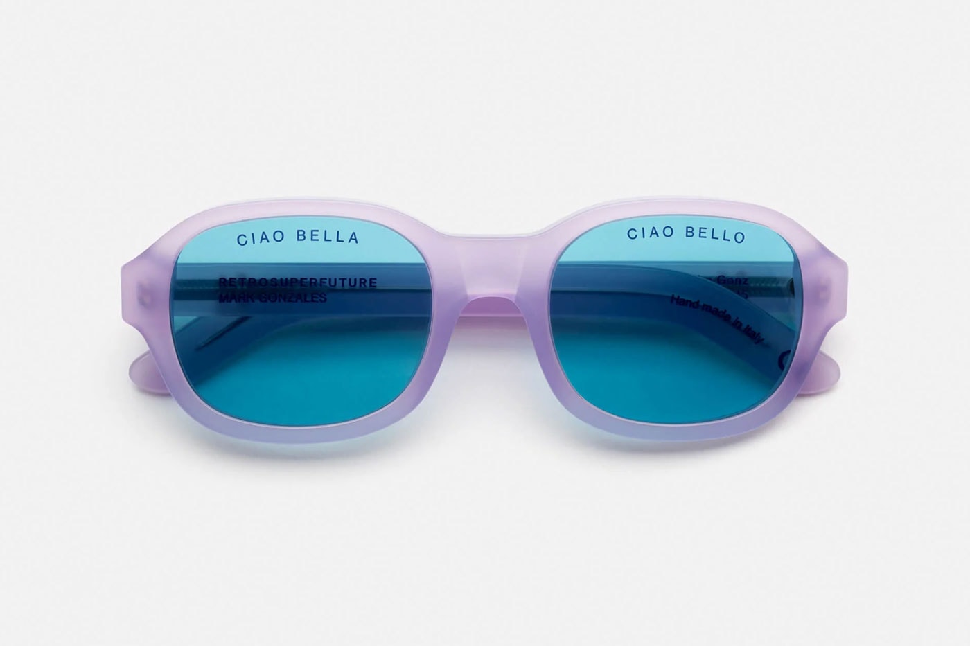 Retrosuperfuture Mark Gonzales II made in italy collaboration skateboarding sunglasses purple blue translucent rounded acetate ciao bello bella rsf release info date price