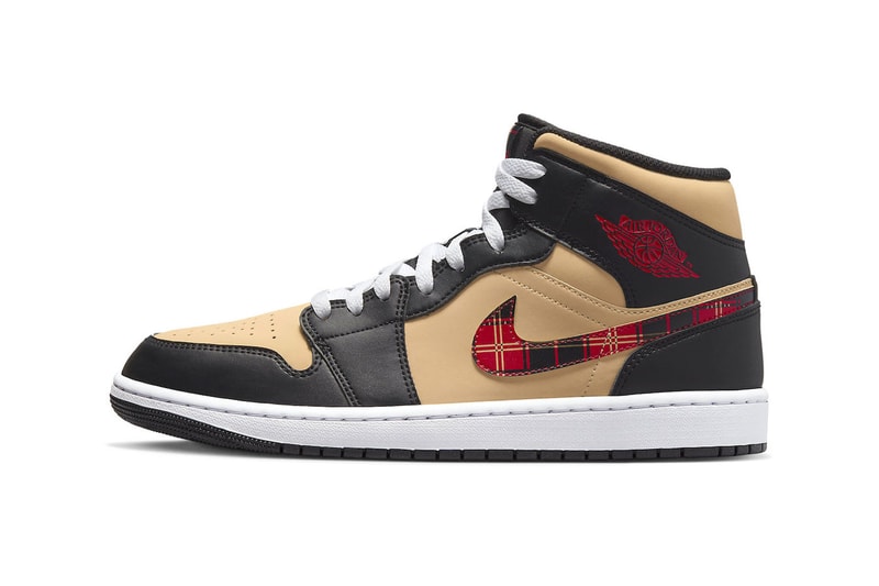 Air Jordan 1 Mid Brand tartan checkered flannel swoosh dz5329 001 beige black red white release info date price 
