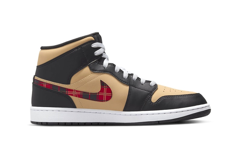 Air Jordan 1 Mid Brand tartan checkered flannel swoosh dz5329 001 beige black red white release info date price 