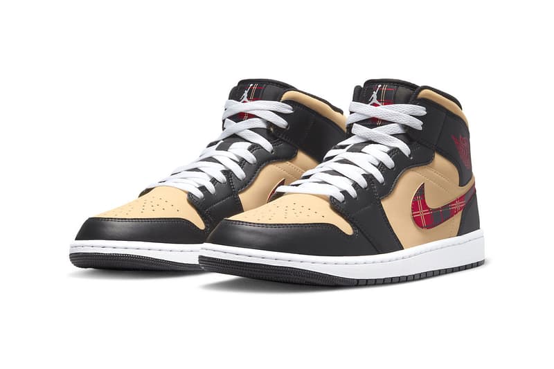 Air Jordan 1 Mid Brand tartan checkered flannel swoosh dz5329 001 beige black red white release info date price 