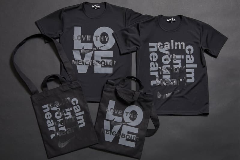 Black Comme Des Garcons Nike T shirt tote bag large scale print calm in your heart love thy neighbour release info date price