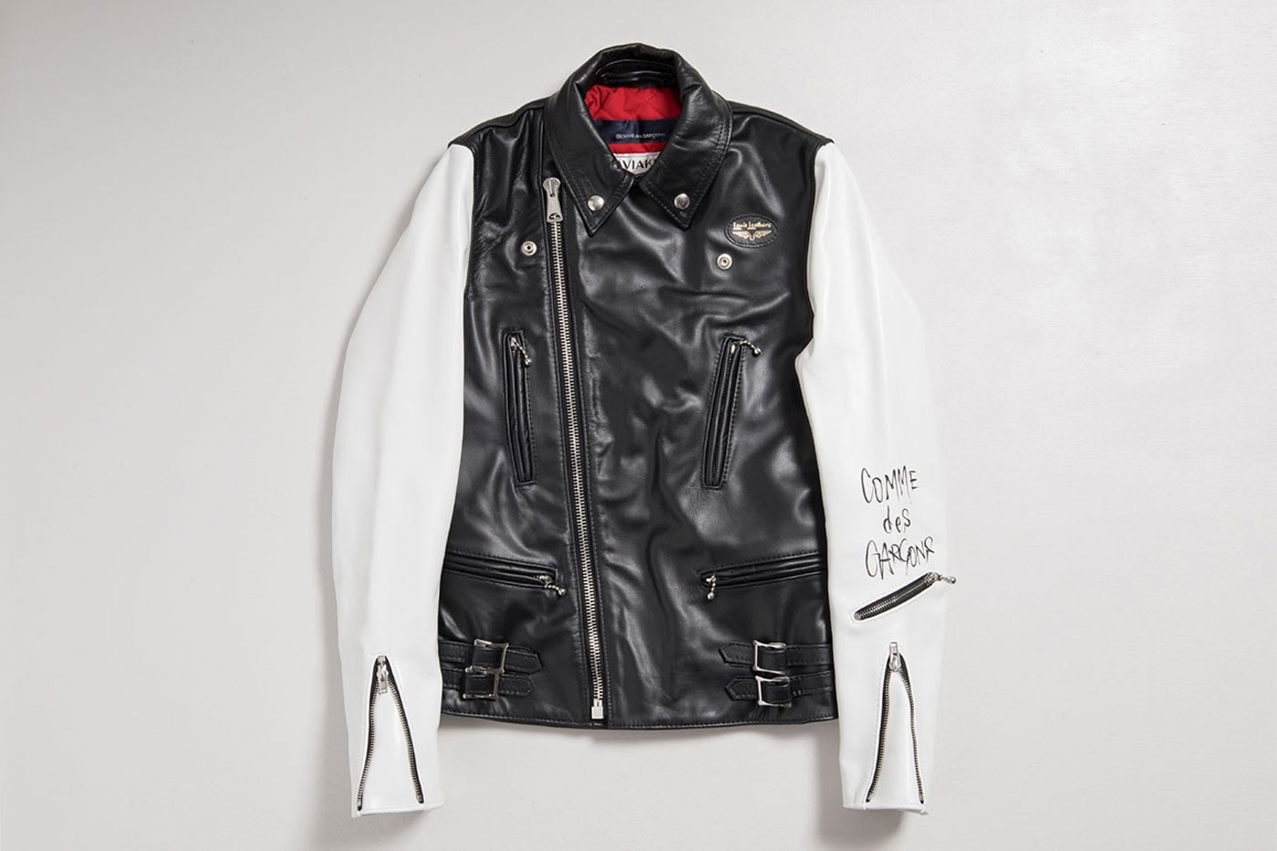 comme des garcons lewis leathers jacket lightning tight fit black white red gloss horse release info date price