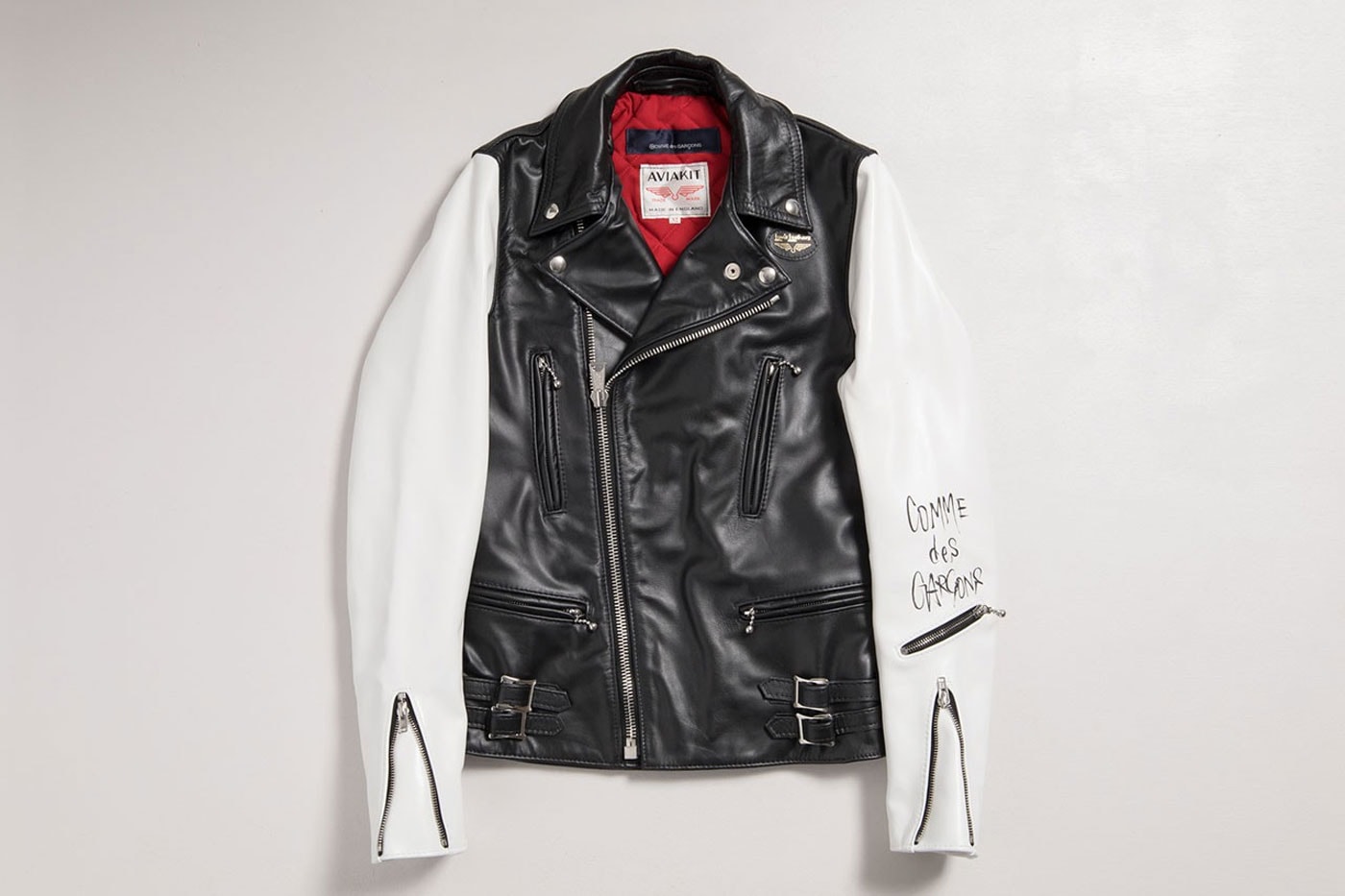 comme des garcons lewis leathers jacket lightning tight fit black white red gloss horse release info date price