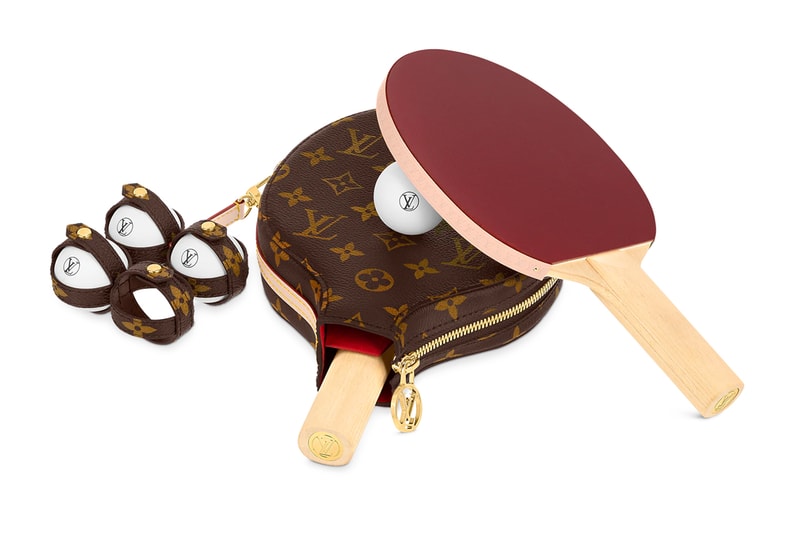 Louis Vuitton James Ping Pong Set LV Monogram Floral Canvas Leather Ball Paddle Bat Gold Hardware Cowhide Virgil Abloh