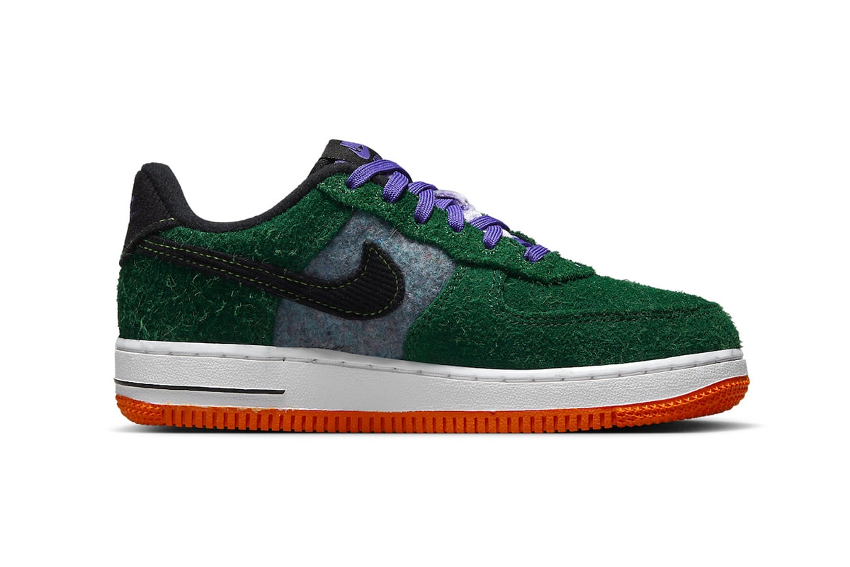 Textured Nike Air Force 1 Low Appears in Shaggy Green Suede DZ5289-300 sneakers velvet corduroy swoosh heel purple velvet white midsole orange rubber outsole af1 low 