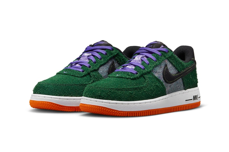 Textured Nike Air Force 1 Low Appears in Shaggy Green Suede DZ5289-300 sneakers velvet corduroy swoosh heel purple velvet white midsole orange rubber outsole af1 low 