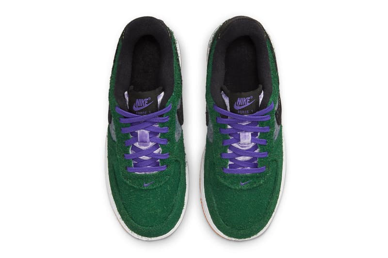 Textured Nike Air Force 1 Low Appears in Shaggy Green Suede DZ5289-300 sneakers velvet corduroy swoosh heel purple velvet white midsole orange rubber outsole af1 low 