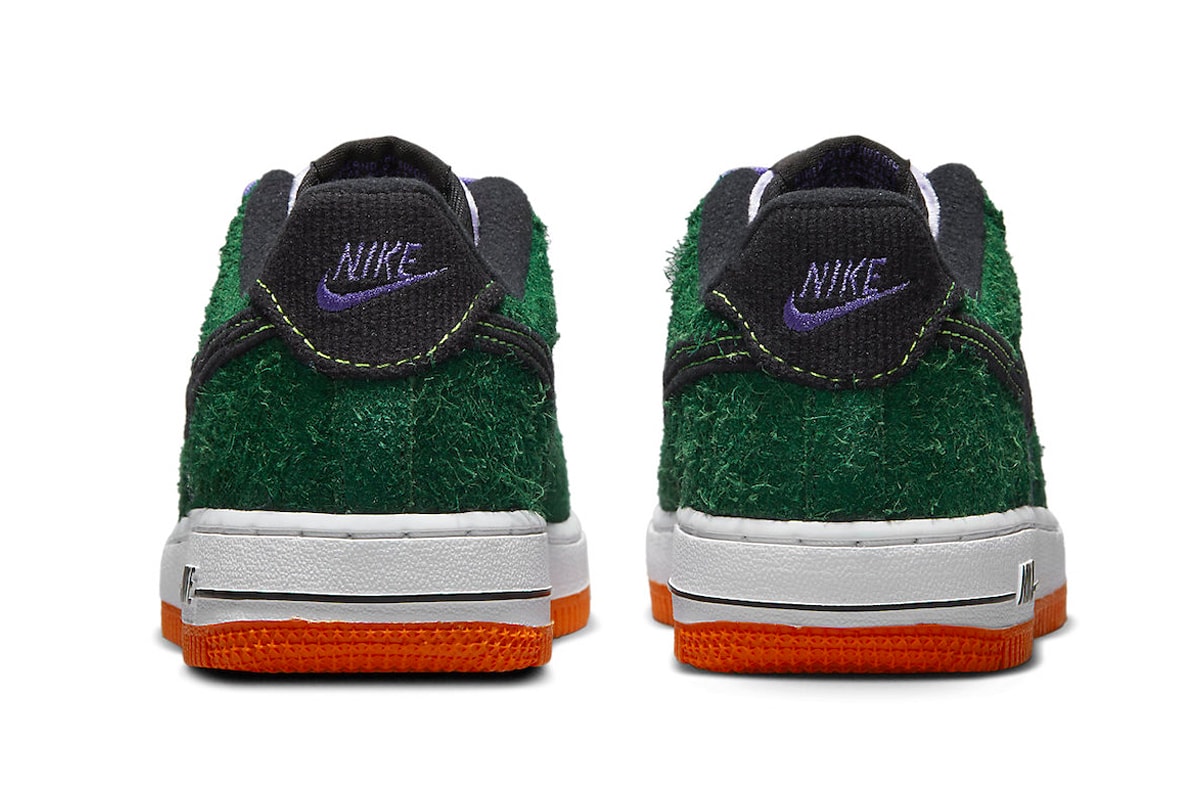 Textured Nike Air Force 1 Low Appears in Shaggy Green Suede DZ5289-300 sneakers velvet corduroy swoosh heel purple velvet white midsole orange rubber outsole af1 low 