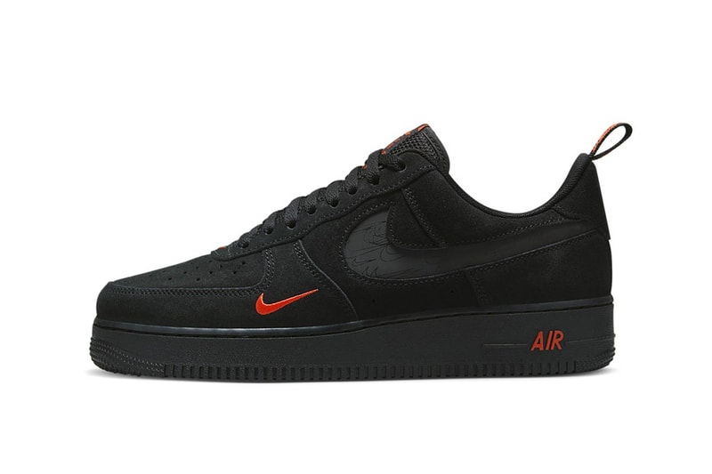 Nike Air Force 1 Low Arrives in Black Suede and Orange DZ4514-001 sneakers shoes af1 rubber swoosh