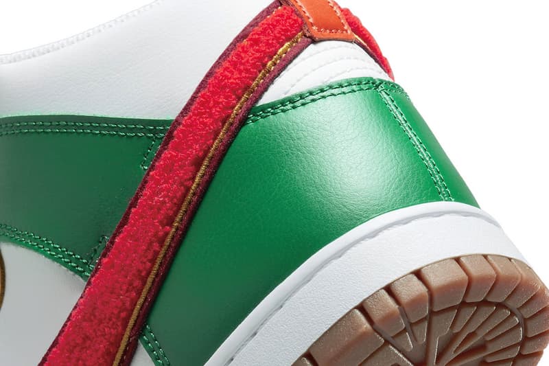 Nike Dunk High Chenille Swoosh white team habanero red malachite Release Info DR8805-100
