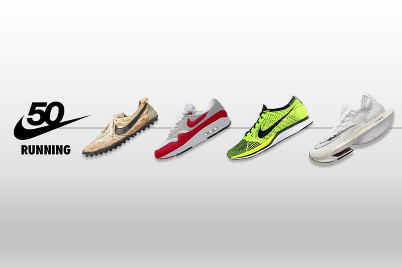 Nike Running 50 Year History Archive Air Max 1 Tailwind Pegasus Moon Shoe Free Run 5.0 V1 Flyknit Racer Zoom Alphafly NEXT% Blue Ribbon Sports Bill Bowerman Phil Knight World Athletics Championships