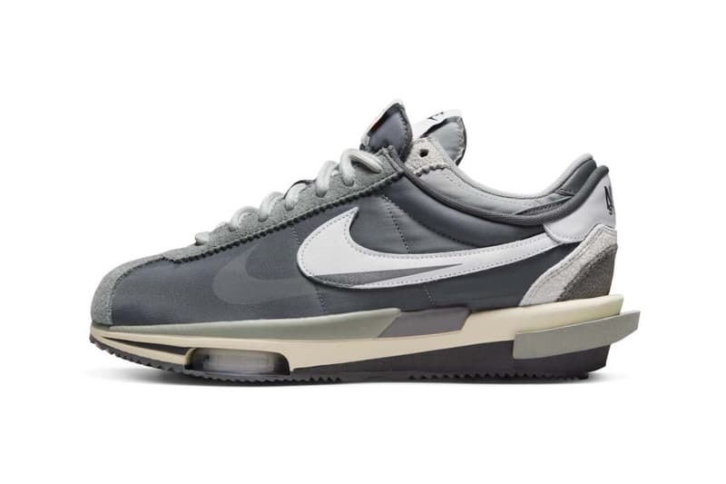 Olhar oficial para o sacai x Nike Cortez 4 0 cinza bill bowerman 50º aniversário og cinza escuro camada dupla informação de lançamento data preço