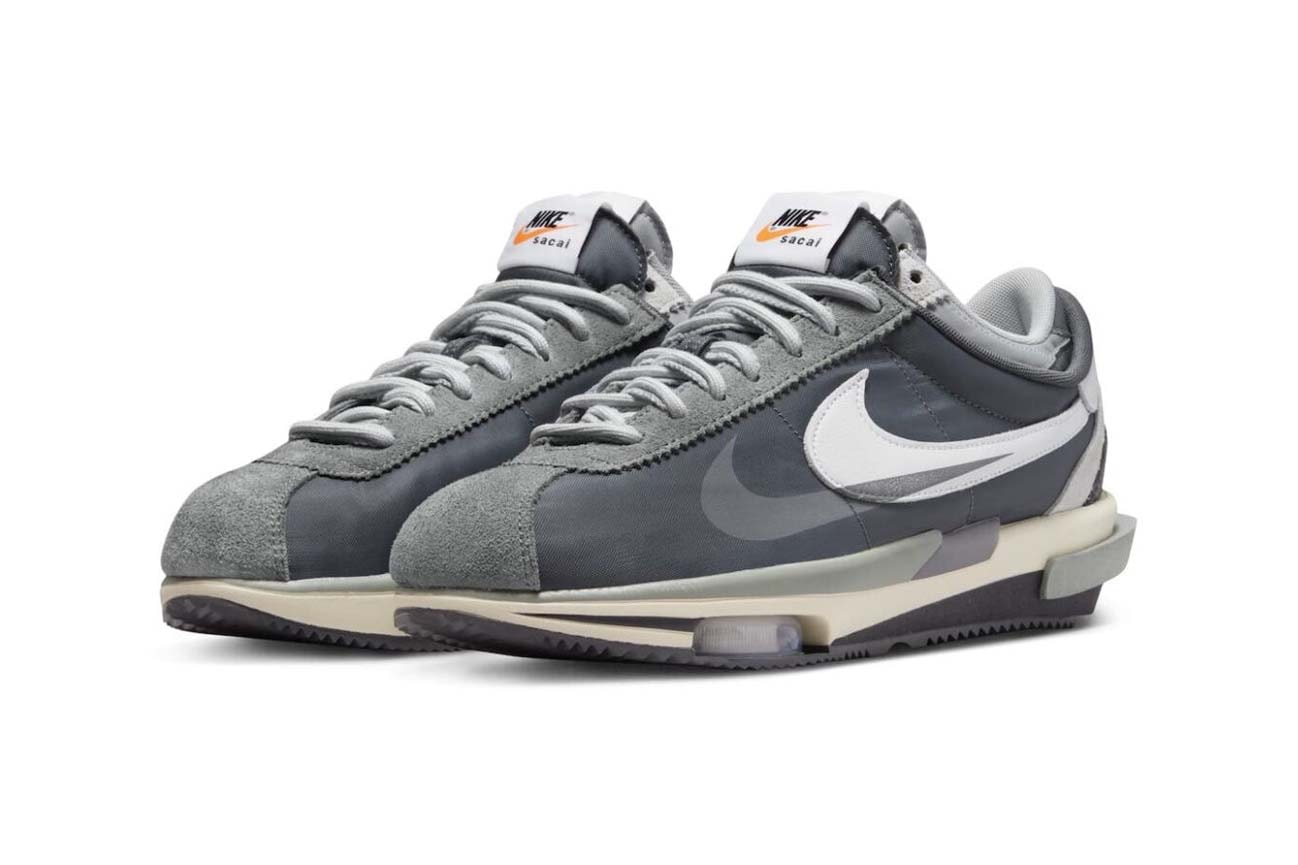 Official Look at the sacai x Nike Cortez 4 0 grey bill bowerman 50th anniversary og dark grey double layer release info date price 