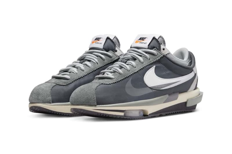 Olhar oficial para o sacai x Nike Cortez 4 0 cinza bill bowerman 50º aniversário og cinza escuro camada dupla informação de lançamento data preço