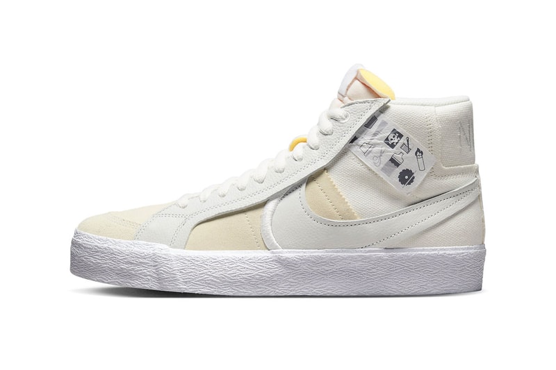 Nike SB Blazer Mid Warning Label Summit White DZ7587 110 2022 105 usd canvas suede leather release info date price