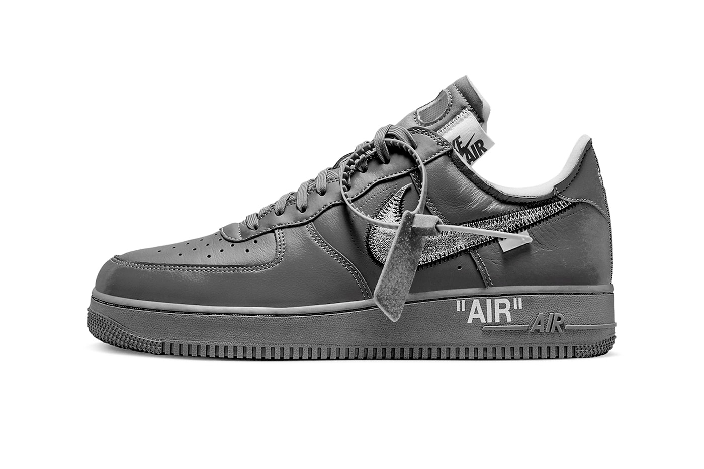 off white nike air force 1 low grey Virgil Abloh release info date price 2022 paris exclusive leather ziptie