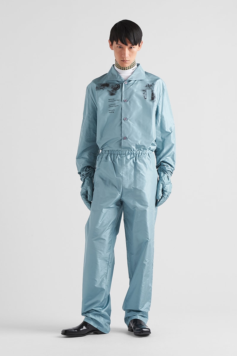 Prada Fall Winter 2022 "Body of Work" Runway Show Collection Release Information Coats Jackets Outerwear Raf Simons Miuccia Prada Thomas Brodie-Sangster, Asa Butterfield, Jeff Goldblum, Damson Idris, Kyle MacLachlan, Tom Mercier, Jaden Michael, Louis Partridge, Ashton Sanders Filippo Scotti