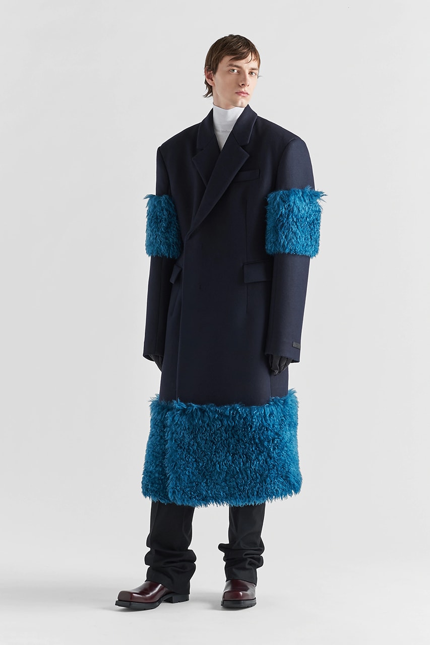 Prada Navy Double Breasted Wool Coat Textural Inserts Jeff Goldblum Raf Simons Miuccia Prada Outerwear