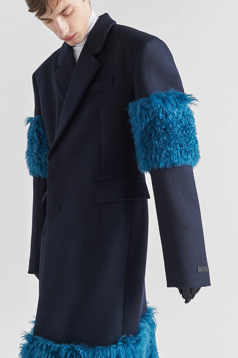 Prada Navy Double Breasted Wool Coat Textural Inserts Jeff Goldblum Raf Simons Miuccia Prada Outerwear