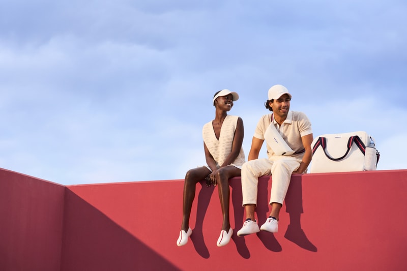 Rothy’s and evian® Water Debut Tennis-Inspired Collection Made With 72,000 Water Bottles hats visiors duffle bags sneakers slip-ons racket bags white red blue