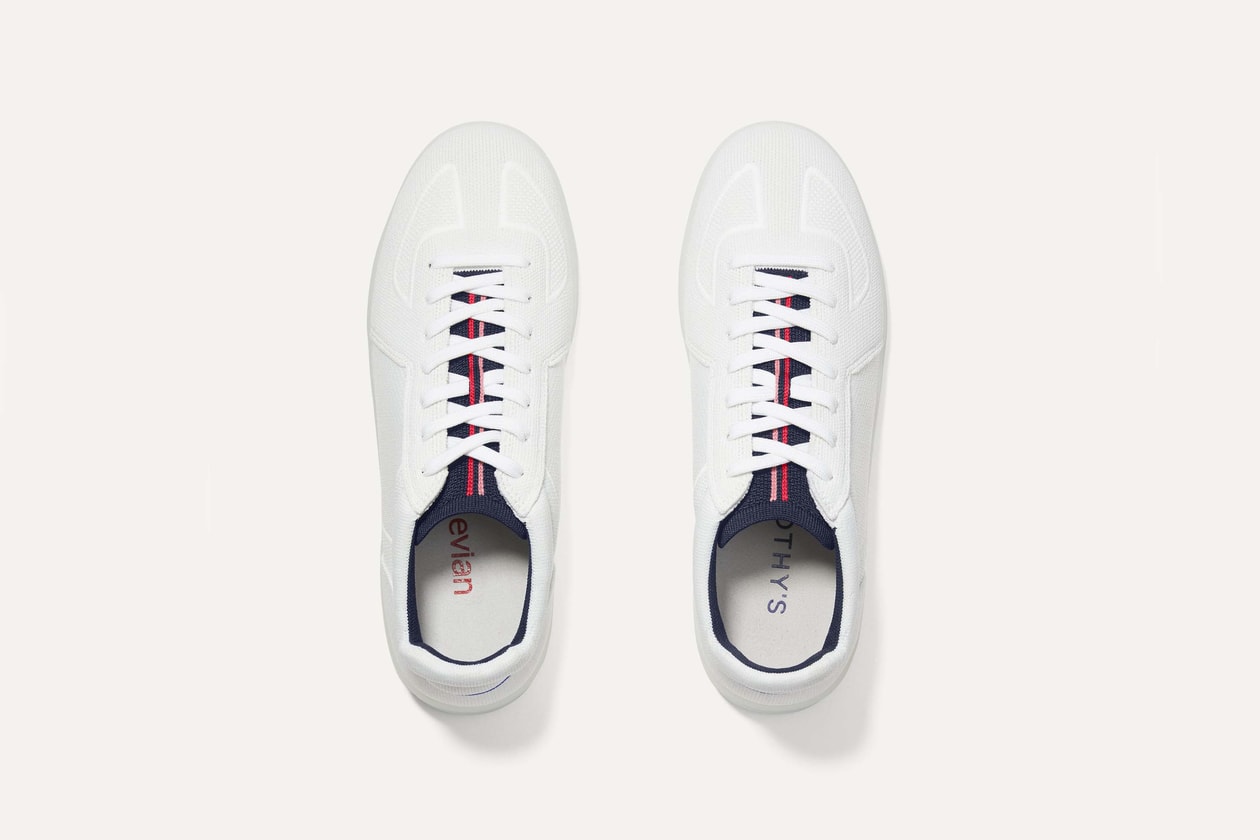 Rothy’s and evian® Water Debut Tennis-Inspired Collection Made With 72,000 Water Bottles hats visiors duffle bags sneakers slip-ons racket bags white red blue