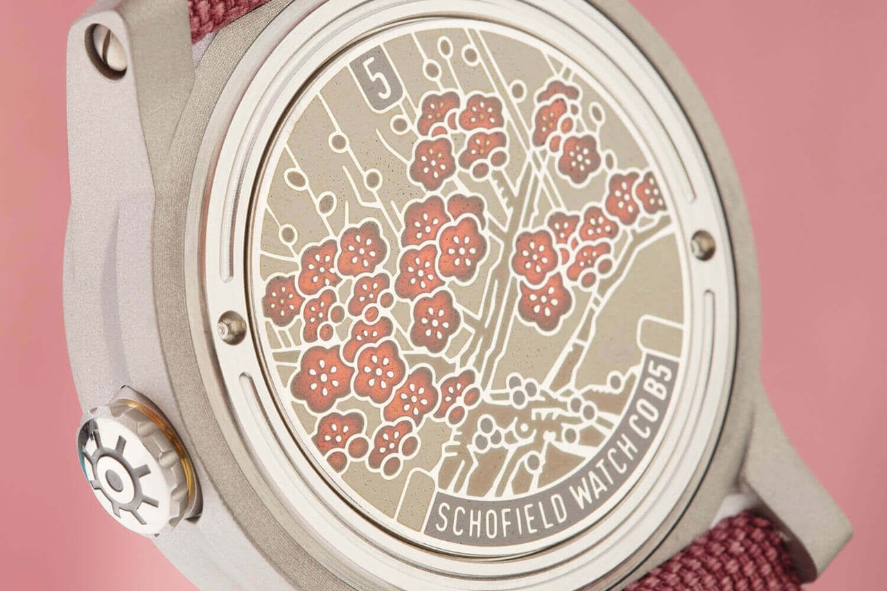 Enamel Sterling Silver Plum Tree Caseback Informs Stepped Blossom Dial And Matching Lapel Pin