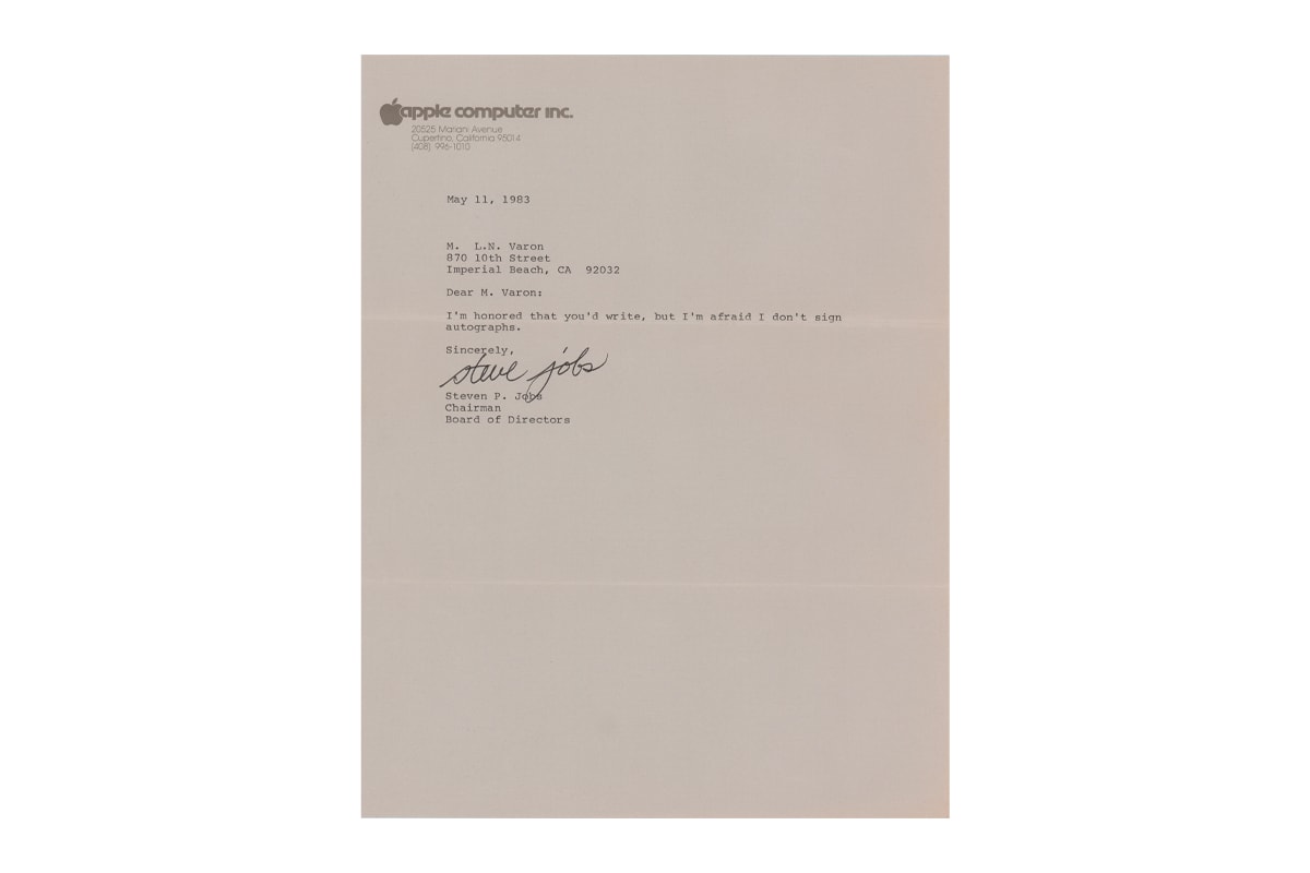A Signed Typed Letter From Steve Jobs Saying He Does Not Give Out Autographs Auctions for Over $450K USD apple california tech signature iphone macbook steve wozniak