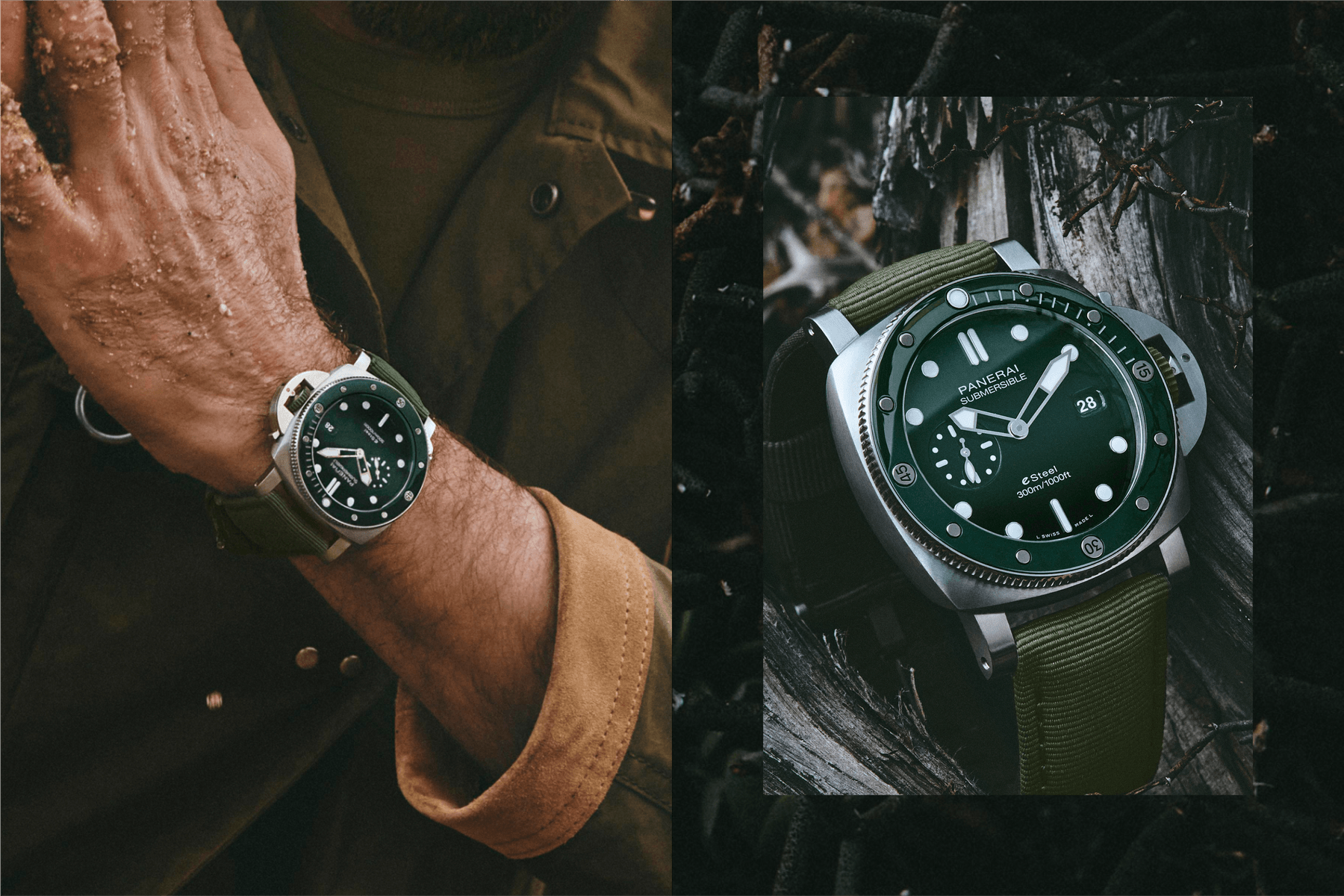 Panerai Submersible Collection Eco-Friendly Eco-Conscious Recycled Repurposed Timepieces eLAB-ID™️ QuarantaQuattro eSteel™️ Grigio Roccia and QuarantaQuattro eSteel™️ Verde Smeraldo