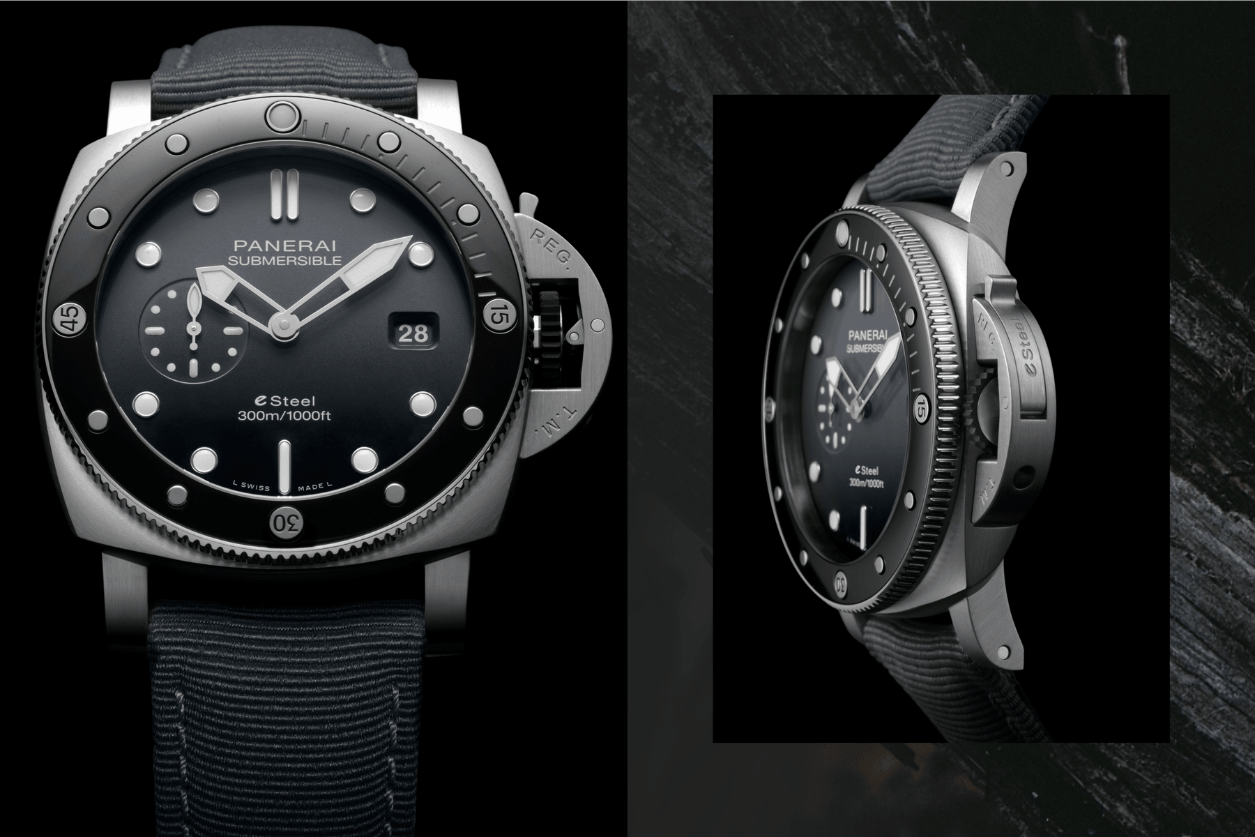 Panerai Submersible Collection Eco-Friendly Eco-Conscious Recycled Repurposed Timepieces eLAB-ID™️ QuarantaQuattro eSteel™️ Grigio Roccia and QuarantaQuattro eSteel™️ Verde Smeraldo