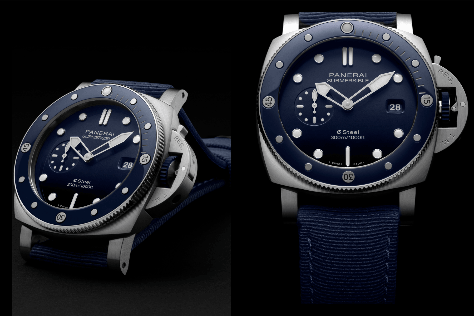 Panerai Submersible Collection Eco-Friendly Eco-Conscious Recycled Repurposed Timepieces eLAB-ID™️ QuarantaQuattro eSteel™️ Grigio Roccia and QuarantaQuattro eSteel™️ Verde Smeraldo