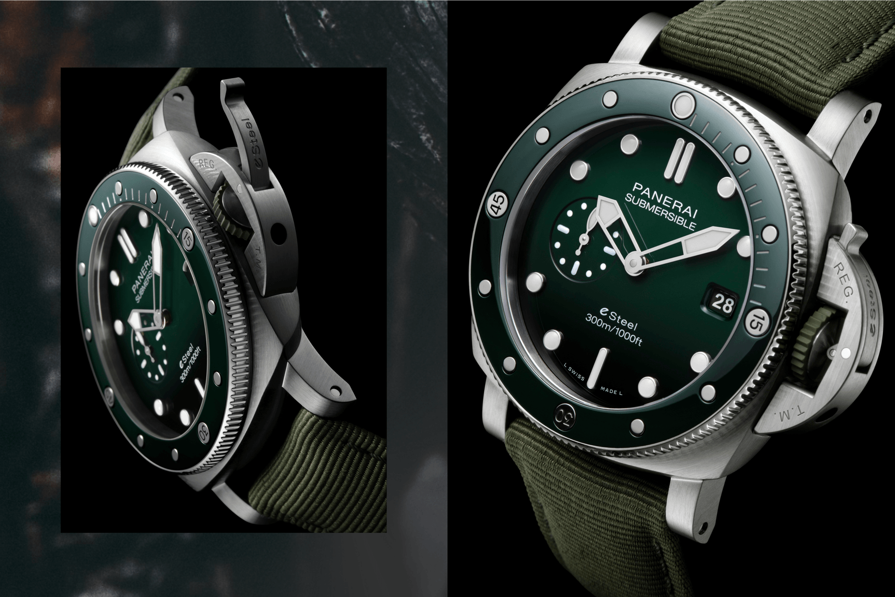 Panerai Submersible Collection Eco-Friendly Eco-Conscious Recycled Repurposed Timepieces eLAB-ID™️ QuarantaQuattro eSteel™️ Grigio Roccia and QuarantaQuattro eSteel™️ Verde Smeraldo