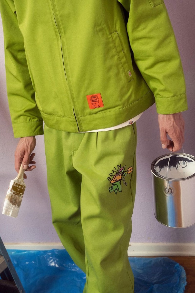 Brain dead dickies artisanal fabrication collection splatter silverlake opening workwear pants embroidered patch release info date price