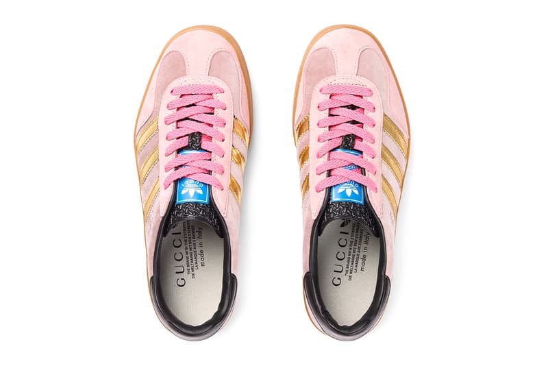 Gucci x adidas Gazelle Metallic Gold Leather Black Leather Oatmeal Suede Pink Velvet Alessandro Michele Exquisite Fall 2022 Collection Drop Collaboration Three Stripes Sneakers Footwear Release Information