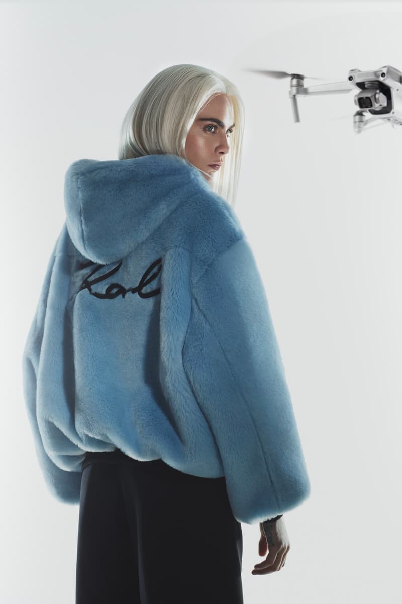 KARL LAGERFELD Launches Capsule Collection  "Cara Loves Karl" During NYFW, Designed by Cara Delevingne Tshirts blazer jackets trousers bags black blue 