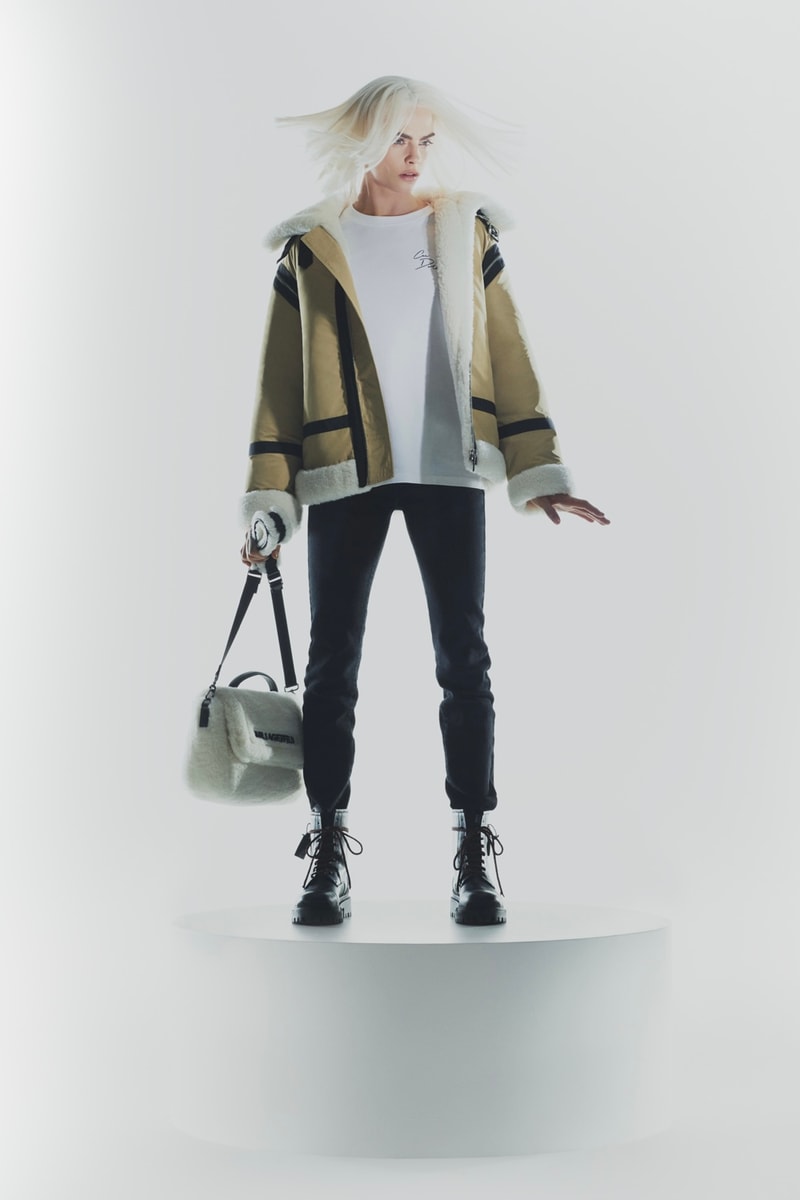 KARL LAGERFELD Launches Capsule Collection  "Cara Loves Karl" During NYFW, Designed by Cara Delevingne Tshirts blazer jackets trousers bags black blue 
