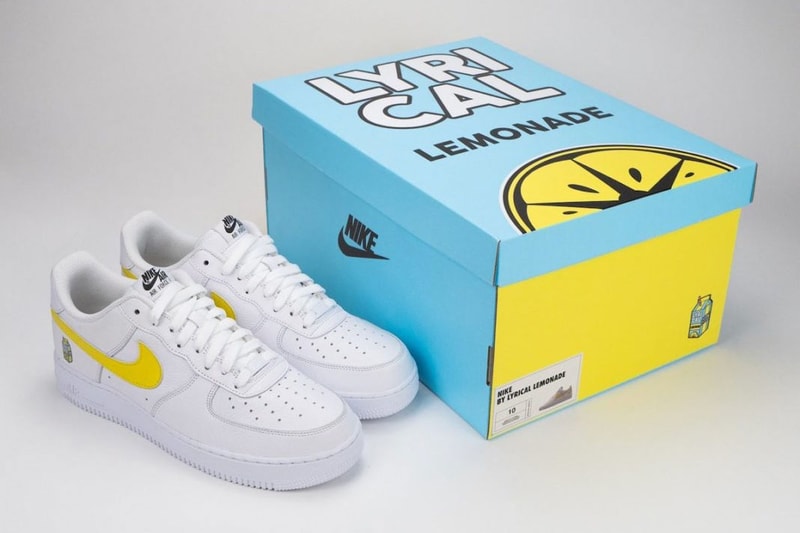 Nike Air Force 1 Lyrical lemonade collaboration footwear yellow white juice box think deep dont sink school chicago court release info date price