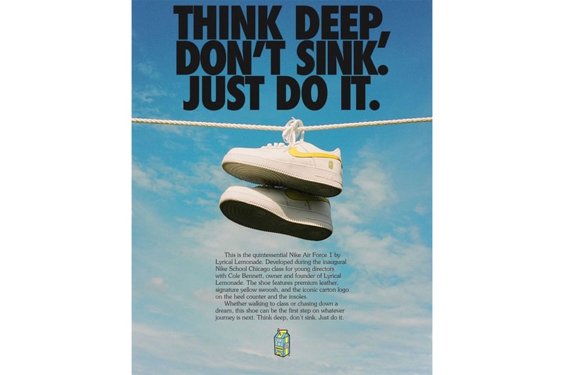 Nike Air Force 1 Lyrical lemonade collaboration footwear yellow white juice box think deep dont sink school chicago court release info date price