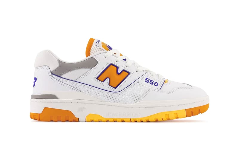 New Balance 550 los angeles lakers pack october 5 gold purple  mesh leather gray yellow orange release info date price