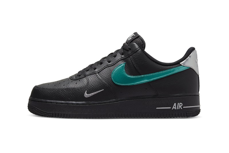 Black Nike Air Force 1 Low Appears With Teal Swooshes silver heel Black/Blue Lightning-Wolf Grey FD0654-001