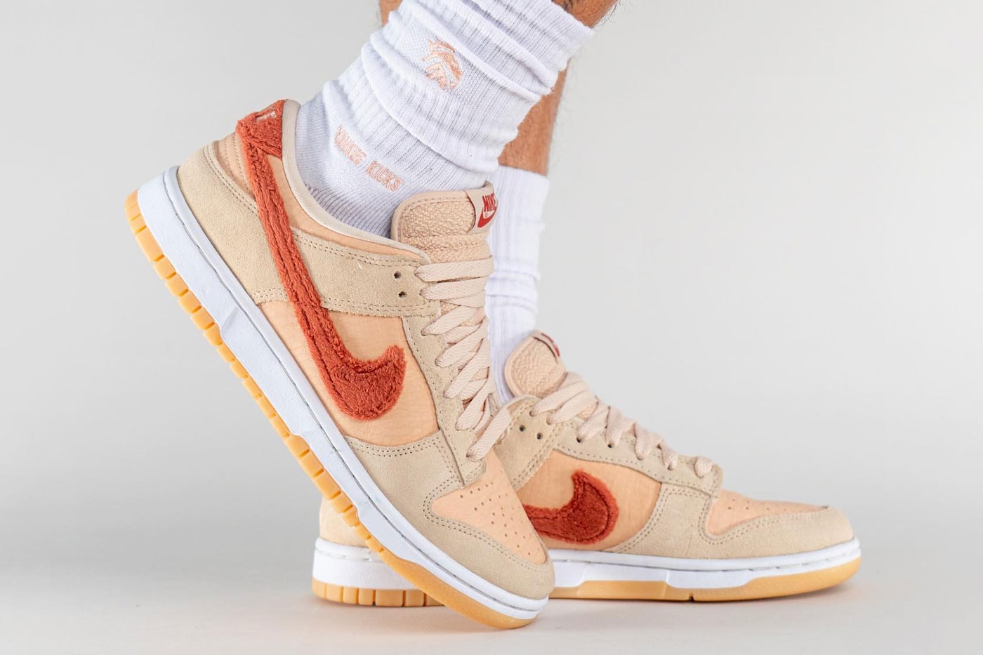 On-Feet Look at Nike Dunk Low "Carpet Swoosh" low top skate shoes swoosh textured fuzzy