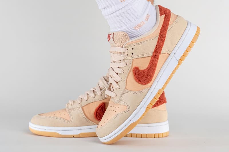 On-Feet Look at Nike Dunk Low "Carpet Swoosh" low top skate shoes swoosh textured fuzzy