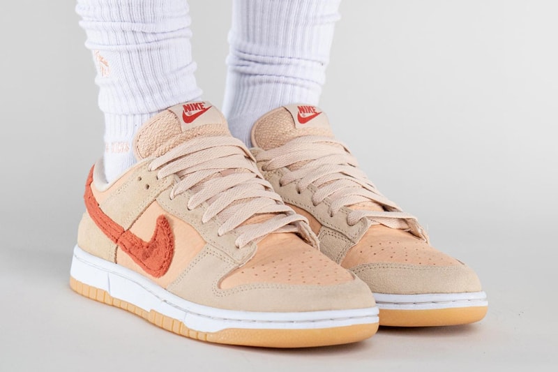 On-Feet Look at Nike Dunk Low "Carpet Swoosh" low top skate shoes swoosh textured fuzzy