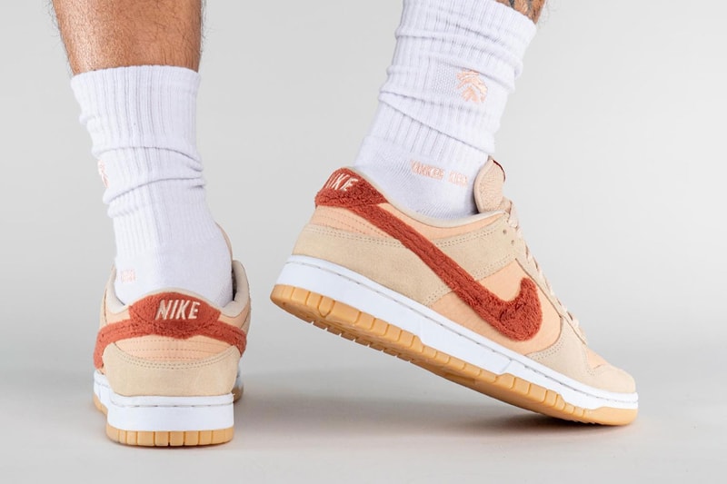 On-Feet Look at Nike Dunk Low "Carpet Swoosh" low top skate shoes swoosh textured fuzzy