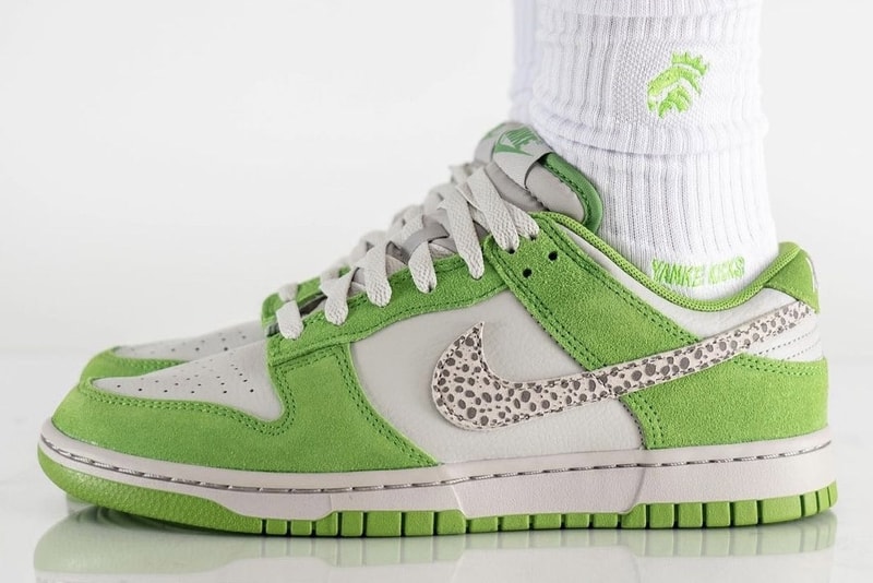 Yankee Kicks On Feet Photos look of the Nike Dunk Low Safari Swoosh Chlorophyll white green light iron stone release info date price